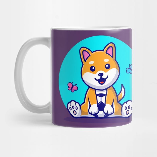 Cute Dog Shiba Inu With Soccer Ball And Butterfly Cartoon Vector Icon Illustration by Catalyst Labs